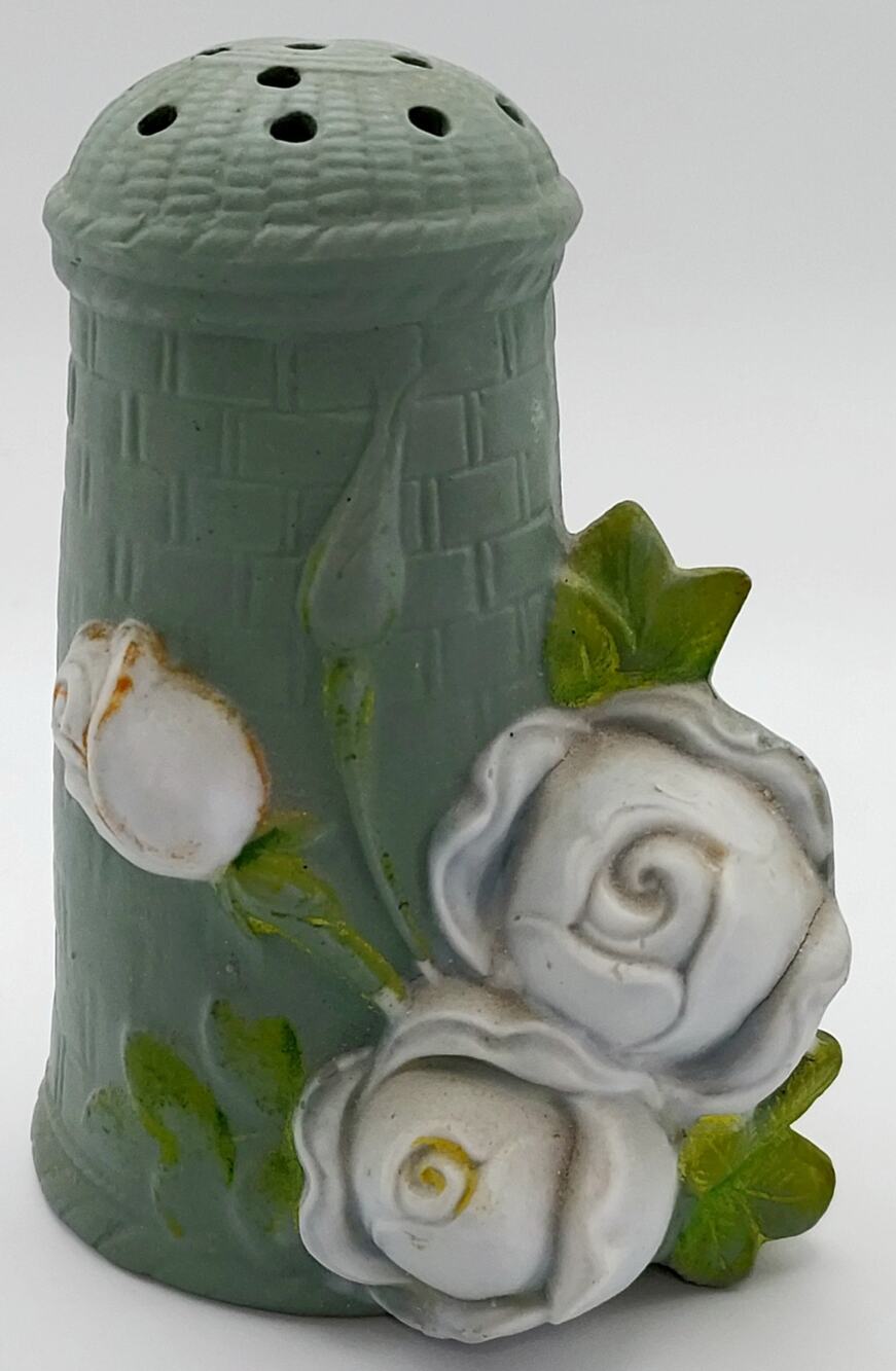 Schafer And Vater Bisque Porcelain Woven Basket Hatpin Holder Green White Roses